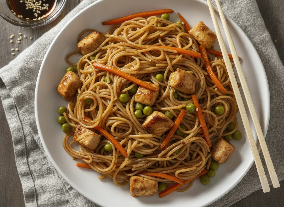 Fideos de arroz con verduras y pollo photo