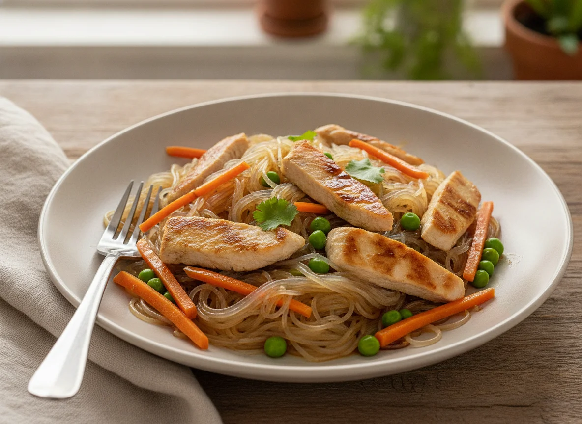 Fideos de cristal con verduras y pollo photo