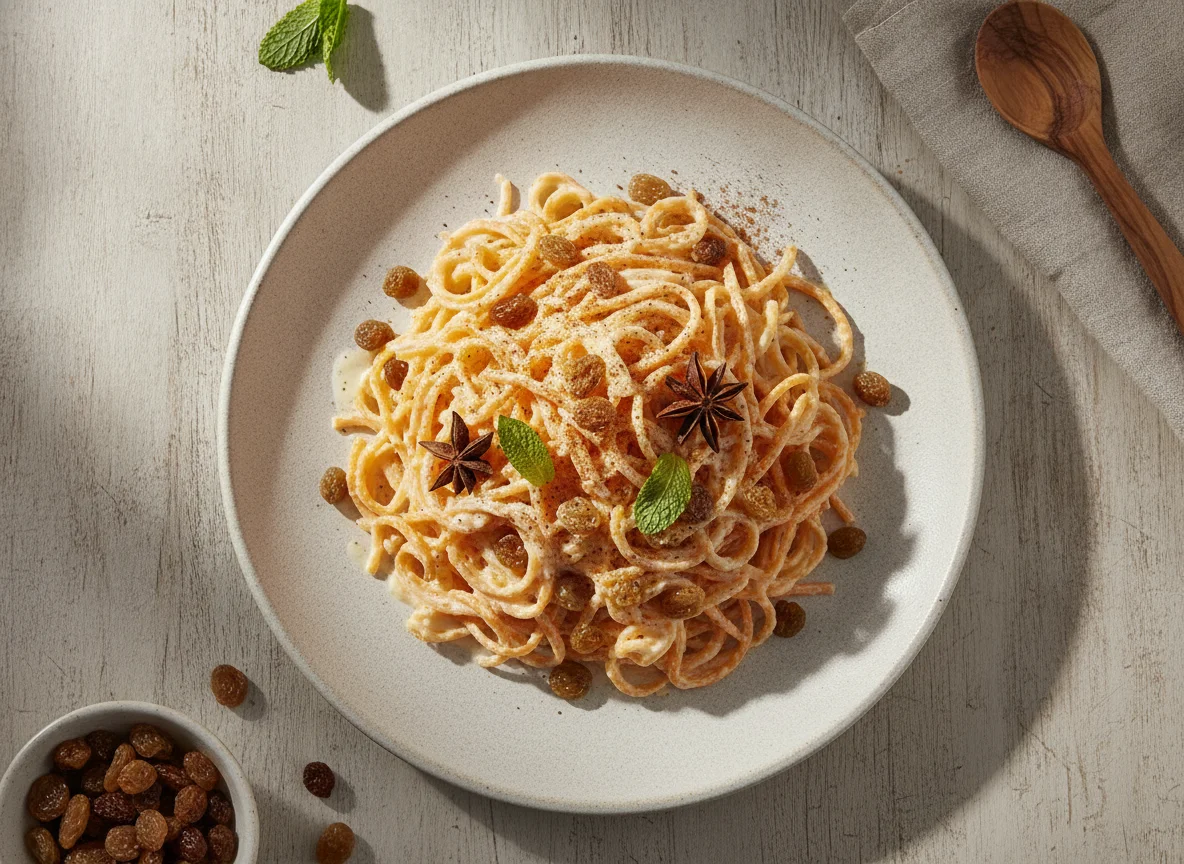 Fideos de zanahoria con crema y pasas photo