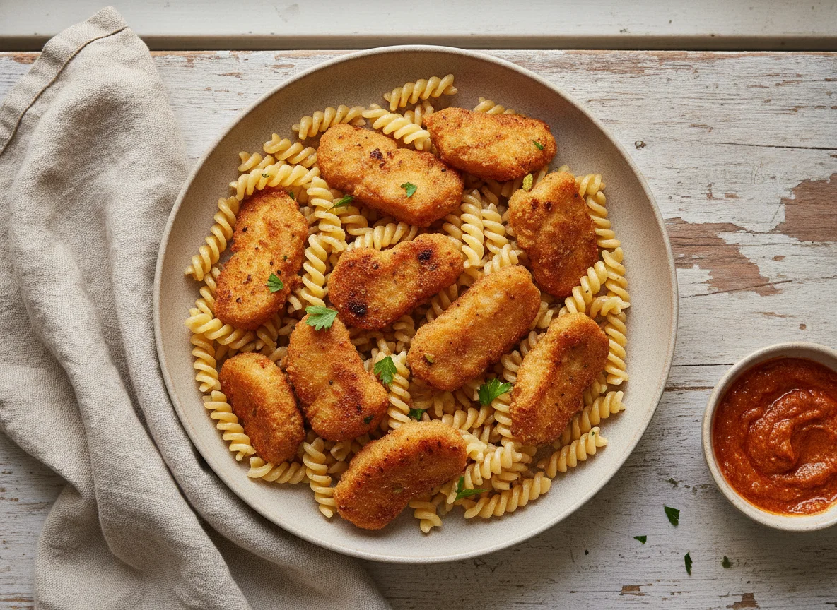Fideos espirales con nuggets de pollo photo