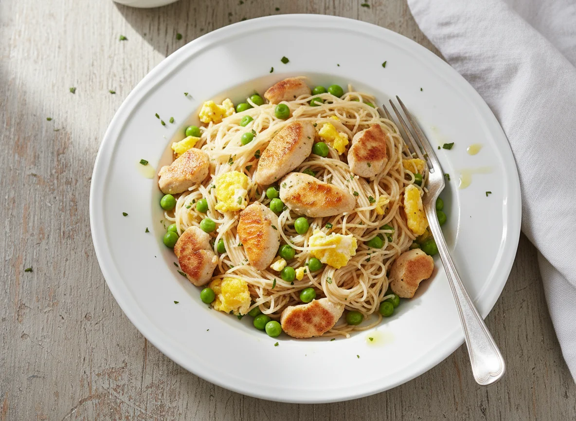 Fideos finos con pollo y guisantes photo