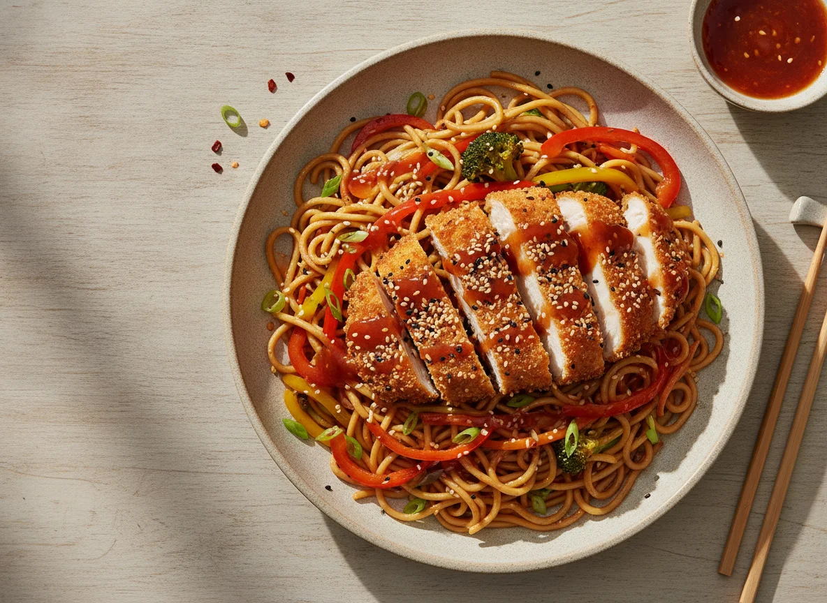 Fideos fritos con pollo empanado en sésamo photo