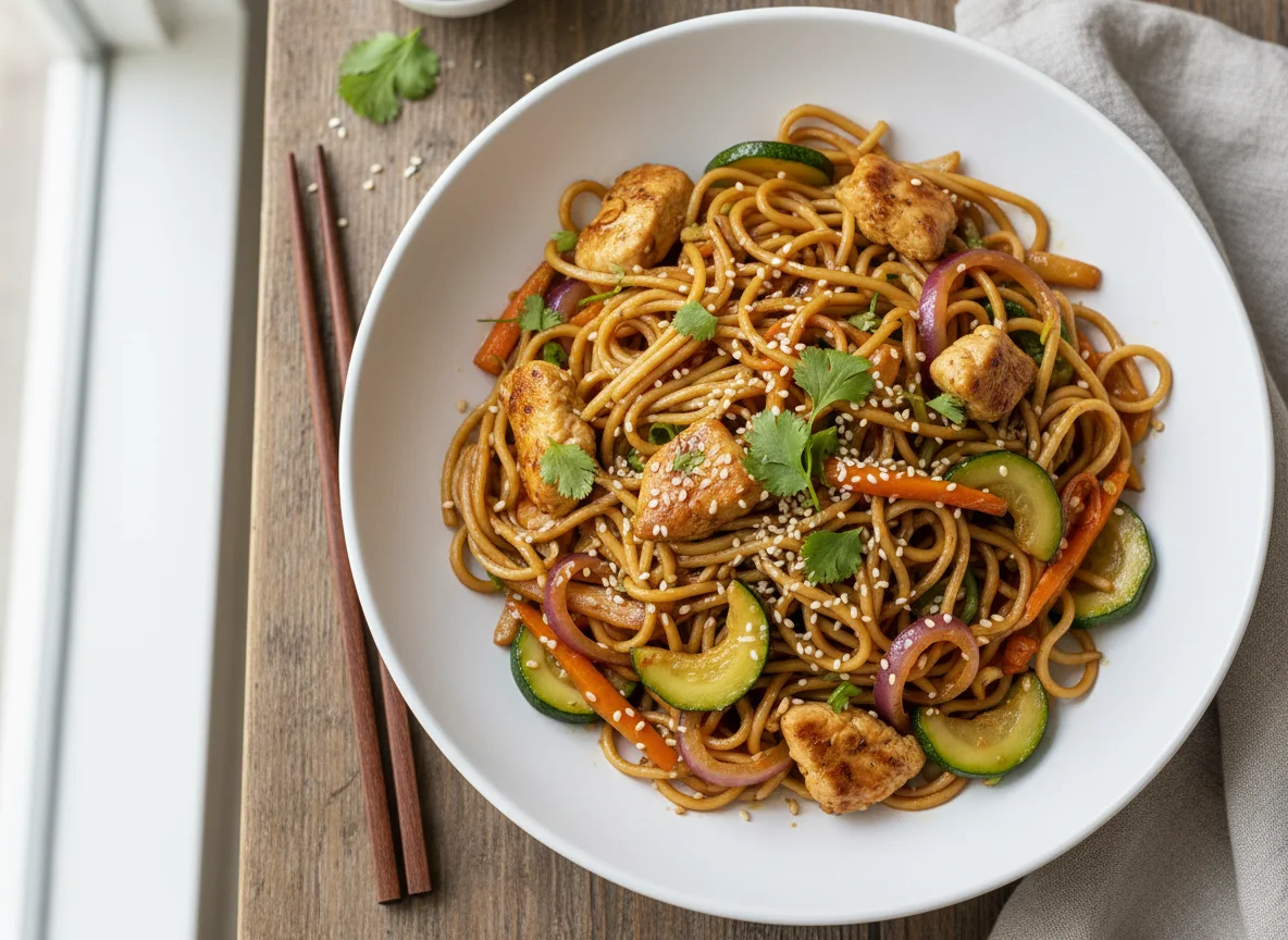 Fideos fritos con pollo y verduras photo