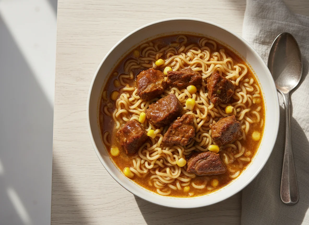 Fideos instantáneos con carne guisada photo