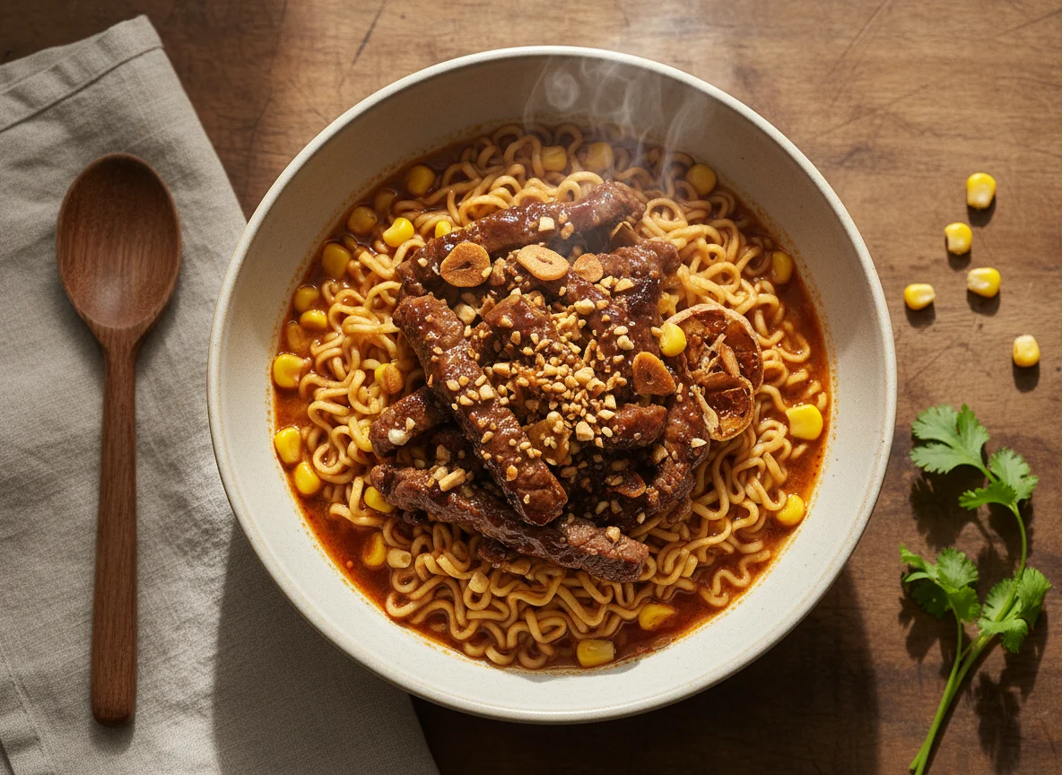 Fideos instantáneos con carne salteada photo
