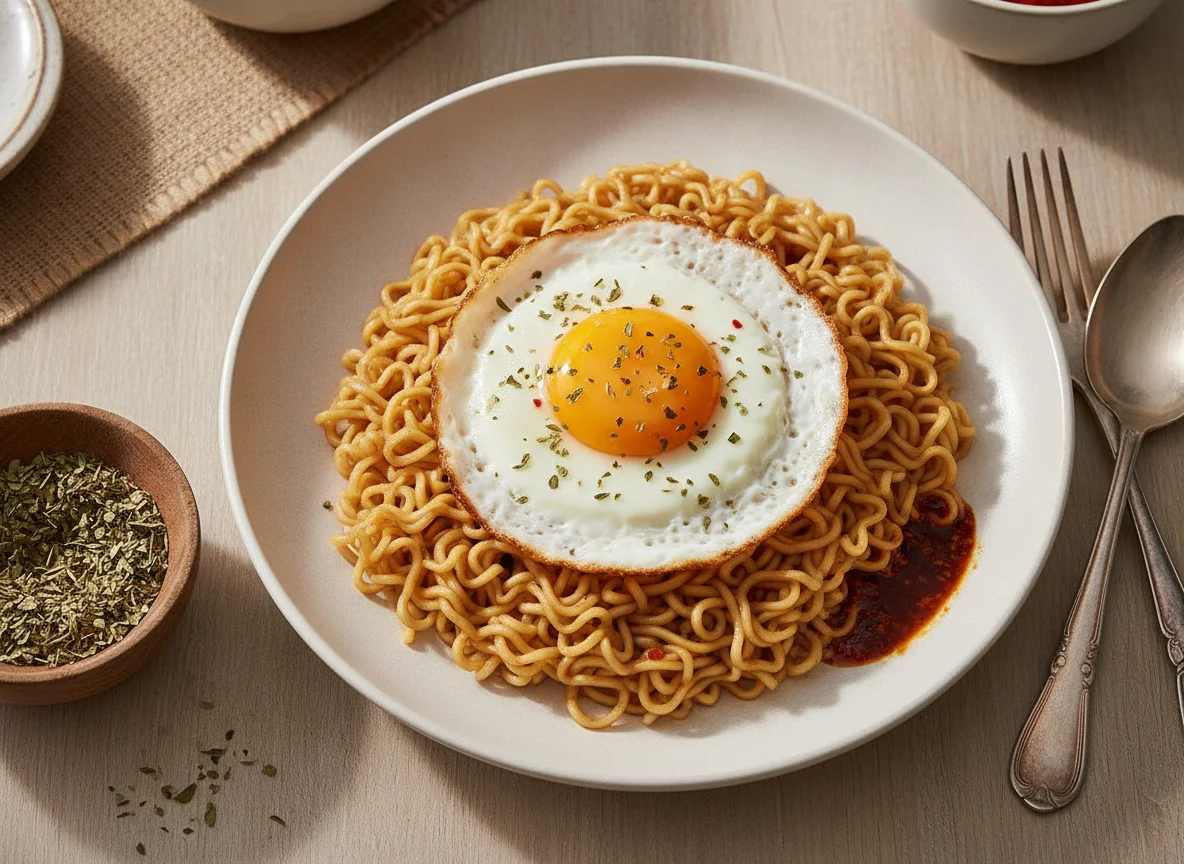 Fideos instantáneos con huevo frito photo