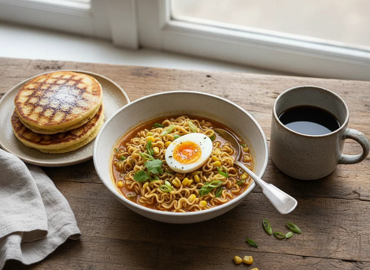 Fideos instantáneos con huevo y panqueques a la parrilla photo