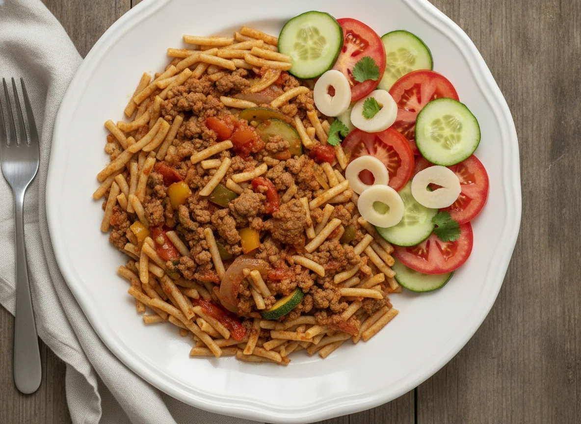 Fideos integrales con carne salteada y ensalada mixta photo