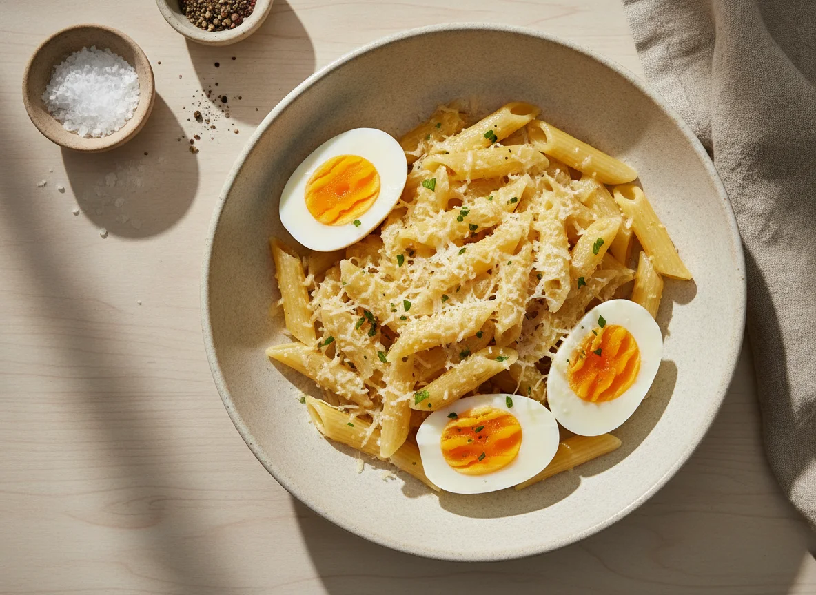 Fideos penne con queso y huevo duro photo