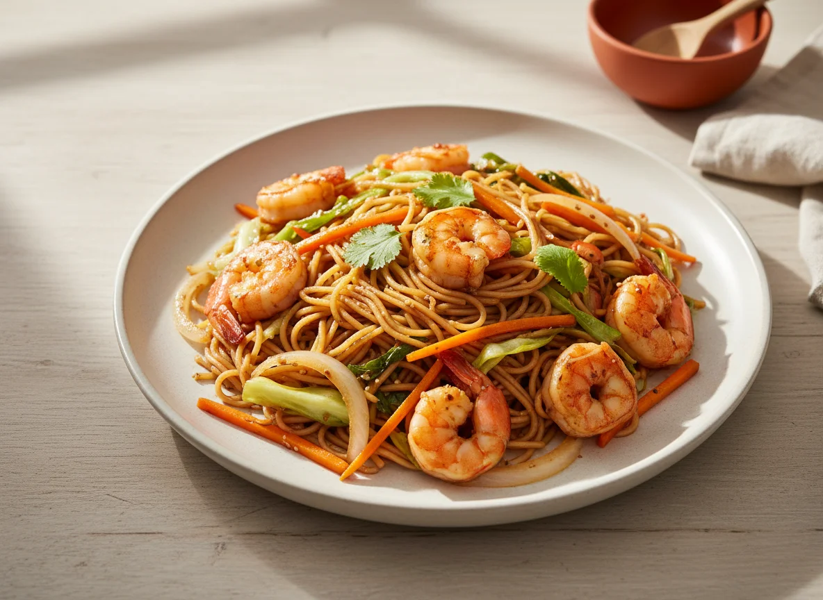 Fideos salteados con gambas y verduras photo