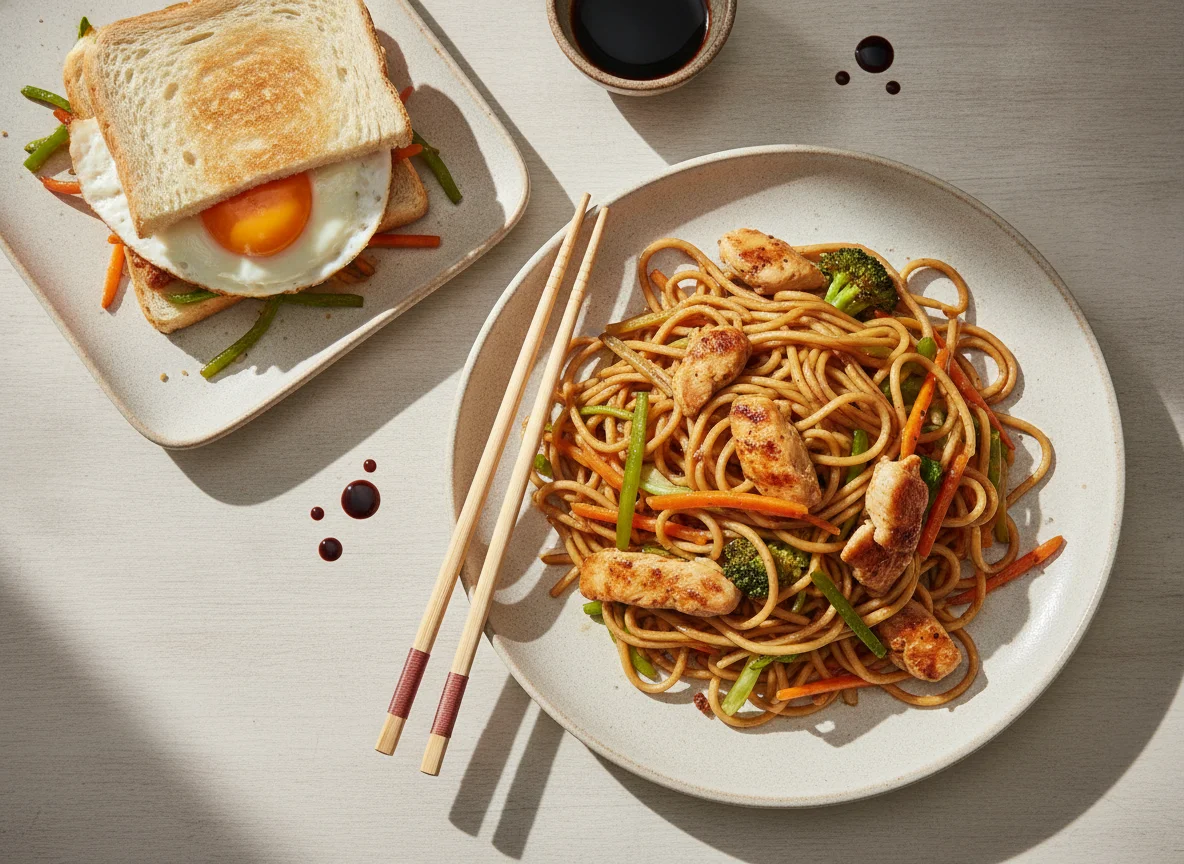 Fideos salteados con pollo y sándwich de huevo photo