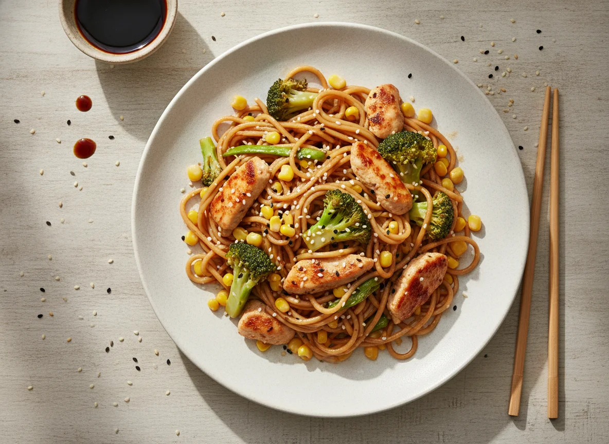 Fideos salteados con pollo y vegetales photo