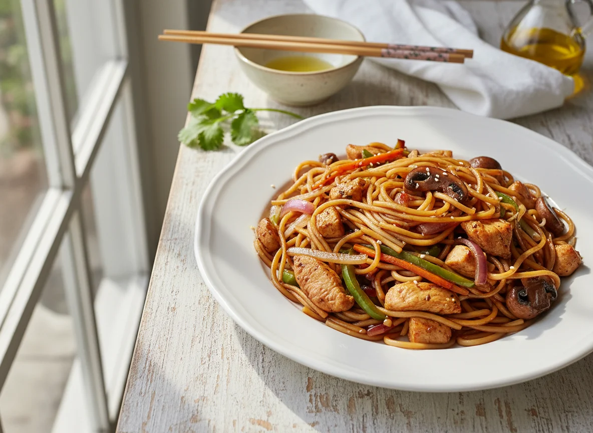 Fideos salteados con pollo y verduras photo