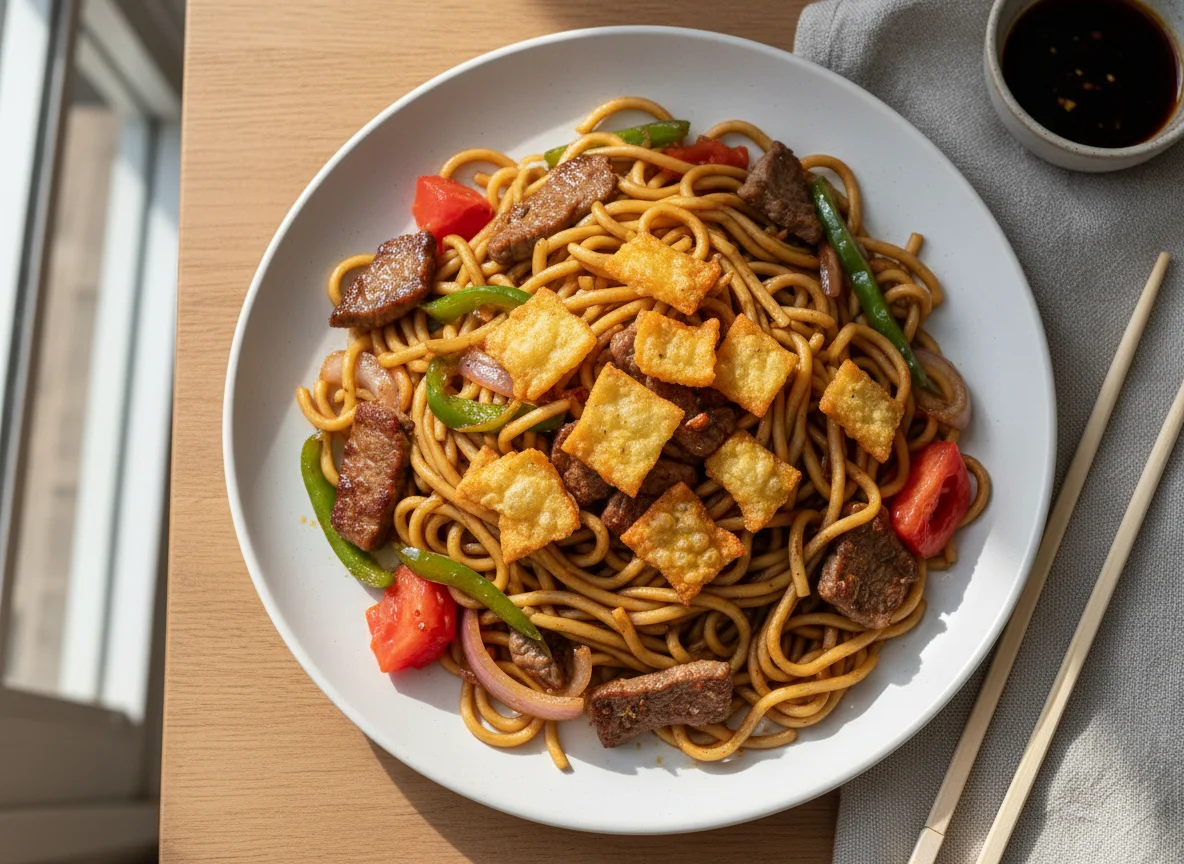 Fideos salteados con trozos de carne y masa frita photo