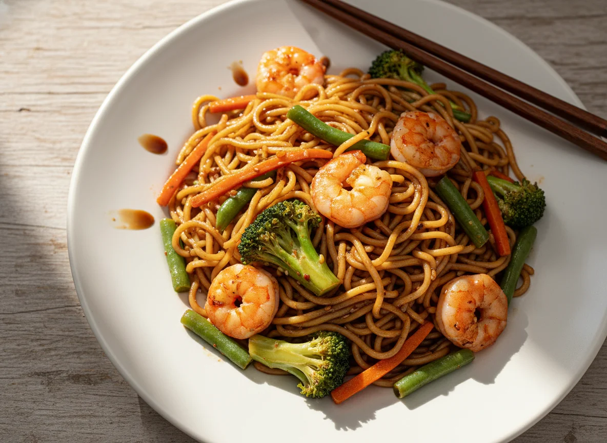 Fideos salteados con vegetales y camarones photo