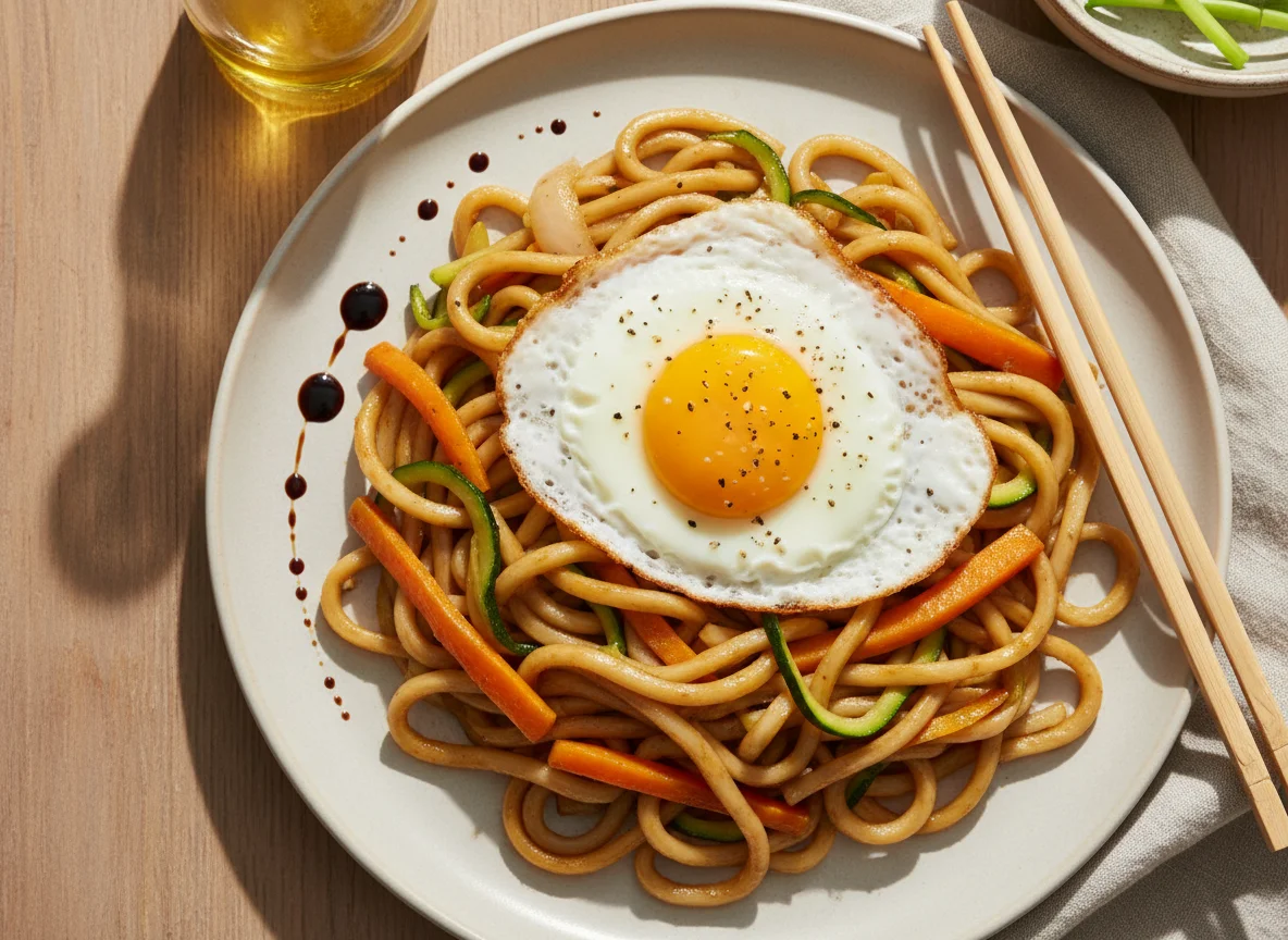 Fideos salteados con verduras y huevo photo