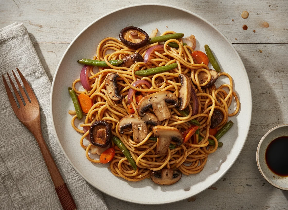 Fideos salteados con verduras y setas photo