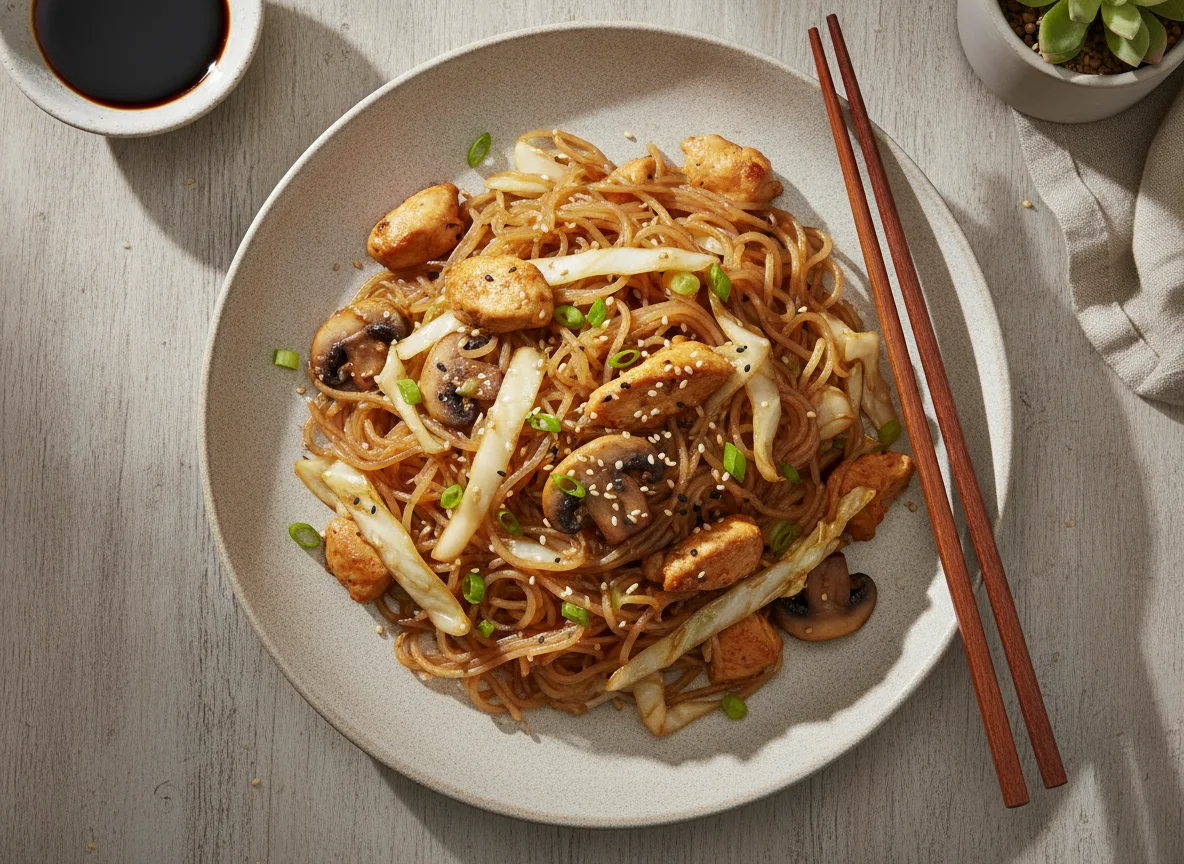 Fideos Shirataki salteados con pollo y verduras photo