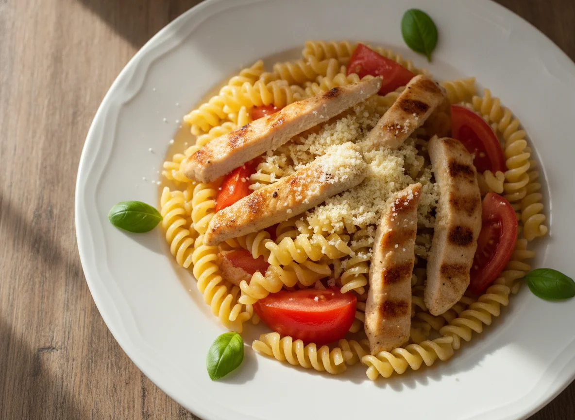 Fideos tirabuzón con pollo y tomate photo