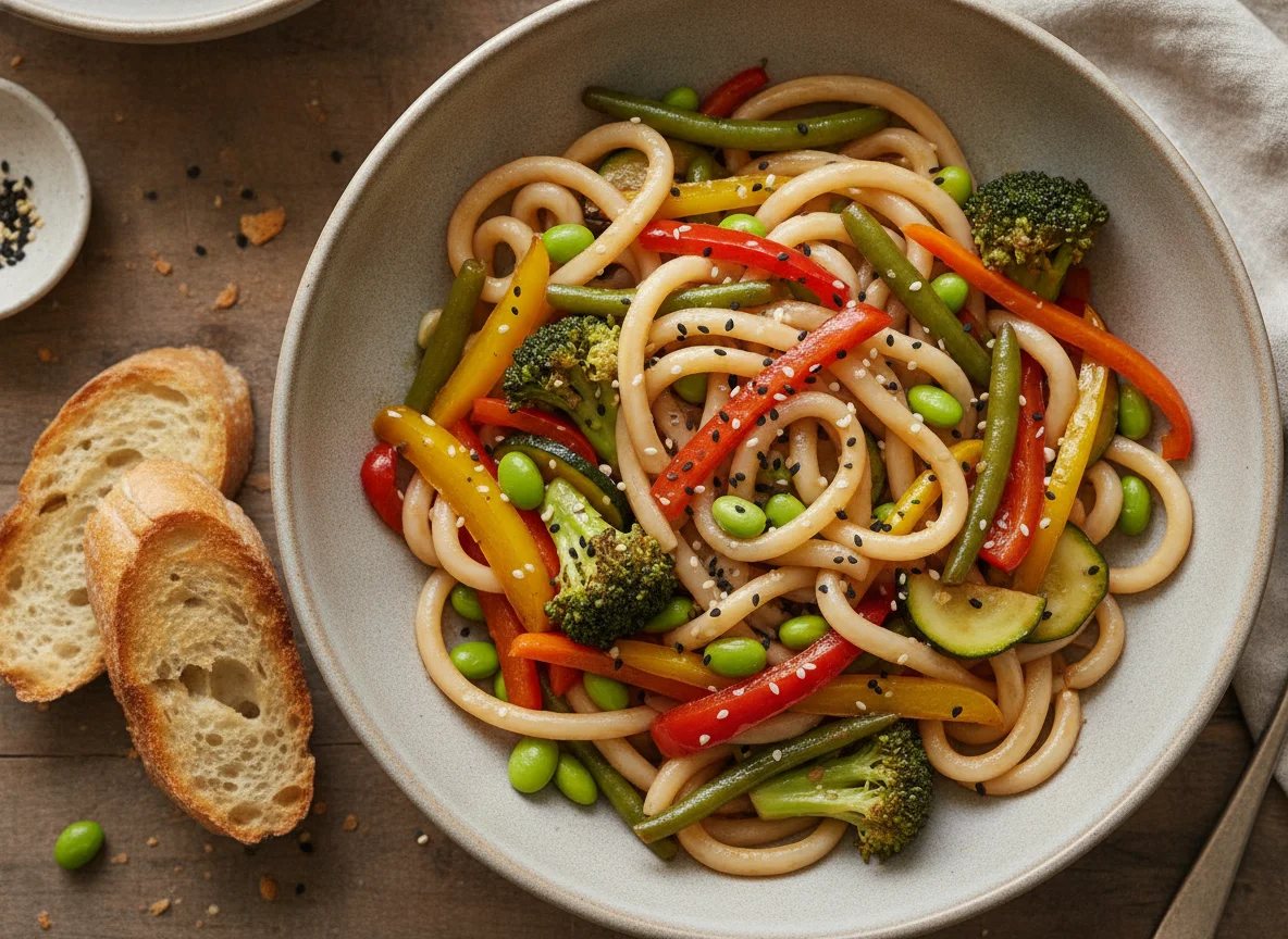 Fideos udon con verduras salteadas photo