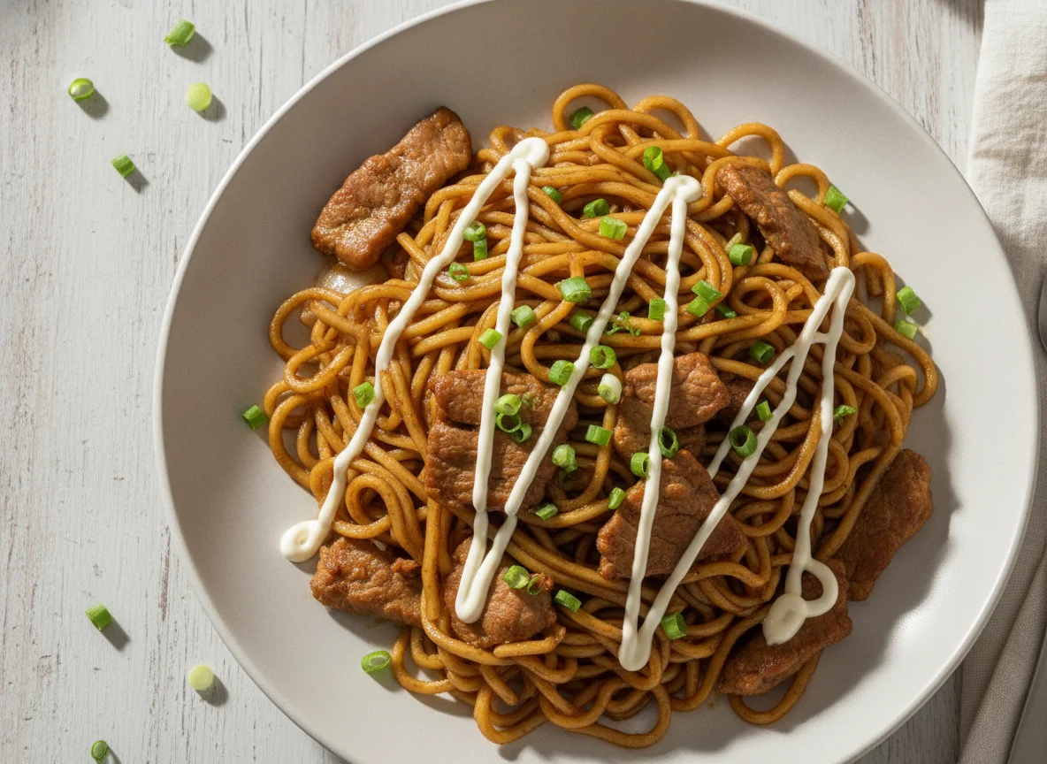 Fideos yakisoba con carne y mayonesa photo