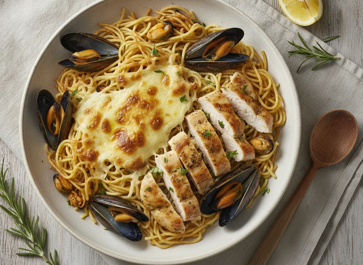 Fideuá de marisco con pechuga de pollo a las finas hierbas photo