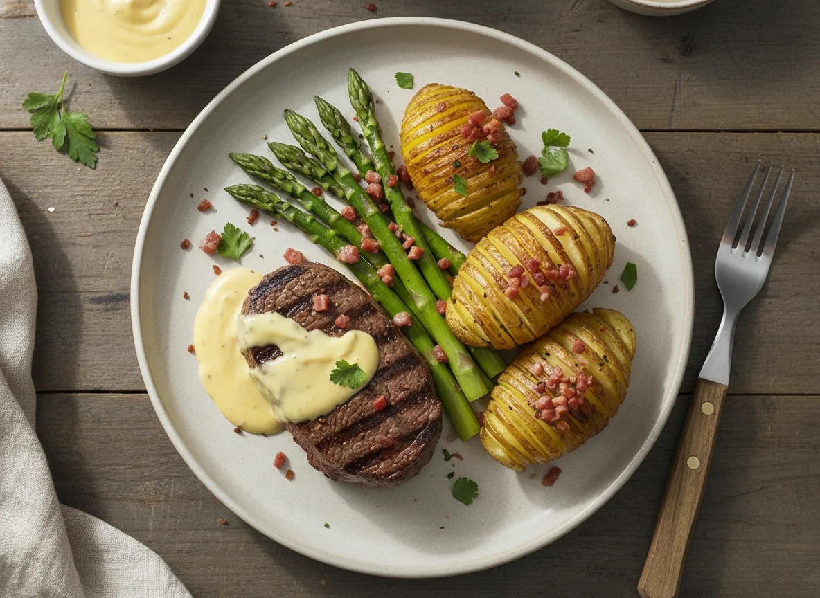 Filete con espárragos y papas, uno con salsa holandesa photo