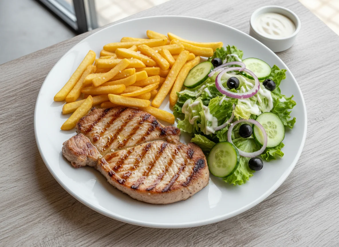 Filete con patatas fritas y ensalada photo