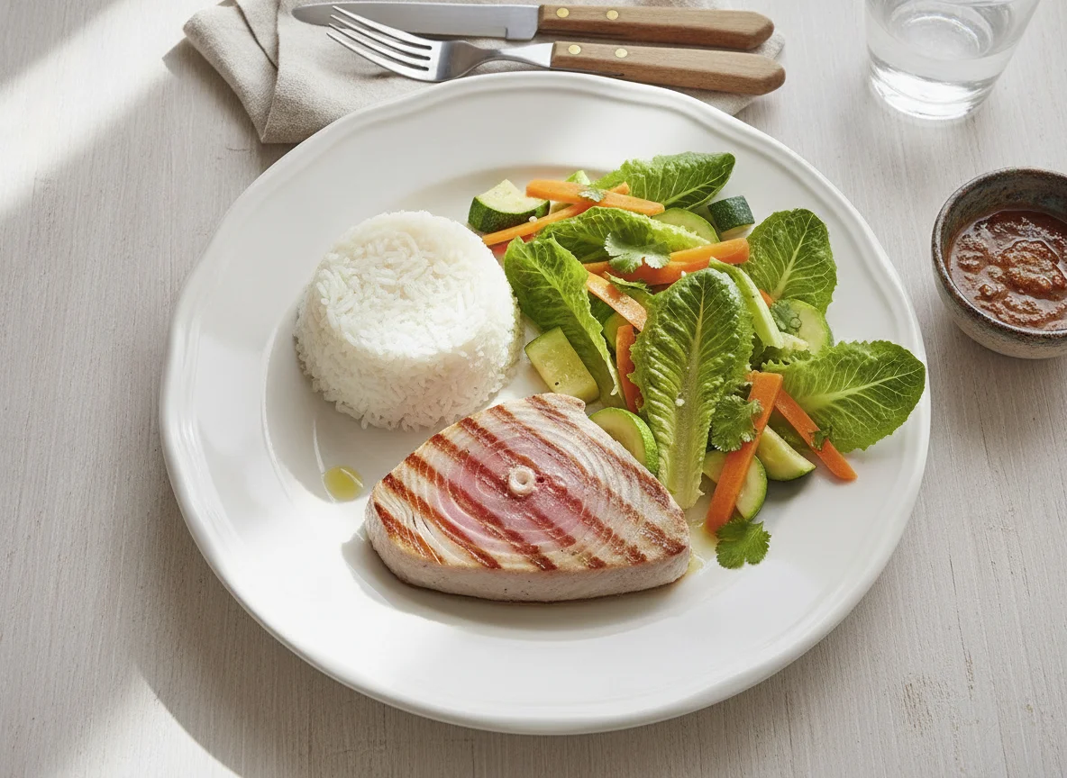 Filete de atún con arroz y ensalada photo