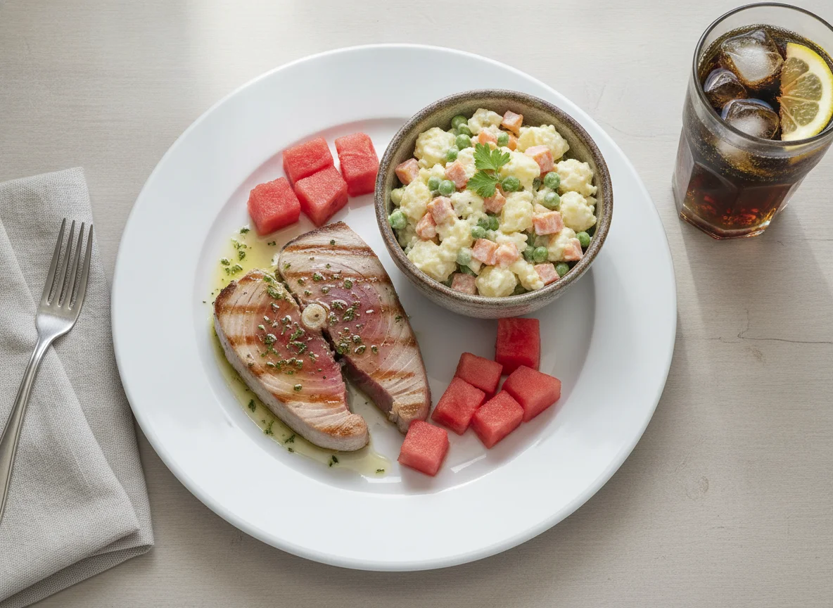 Filete de atún con ensalada de papa y sandía photo