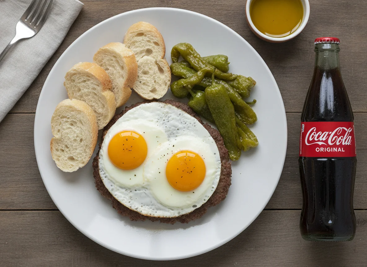 Filete de carne picada con huevos fritos, pimientos y pan photo