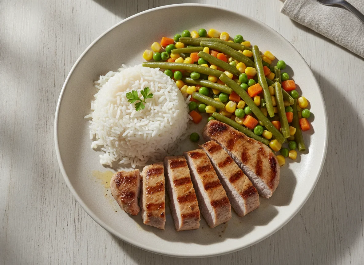 Filete de cerdo con arroz y verduras photo