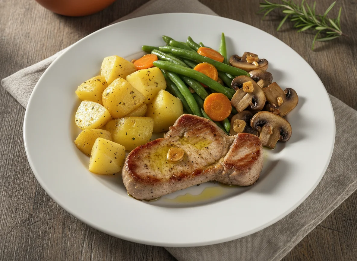 Filete de cerdo con guarnición de patatas, judías verdes y champiñones photo