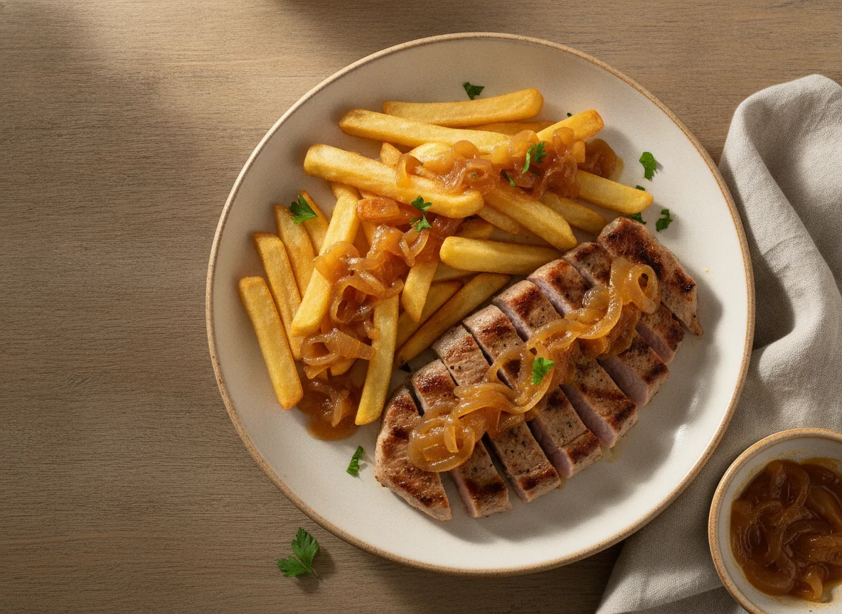 Filete de cerdo con patatas fritas y salsa de cebolla caramelizada photo