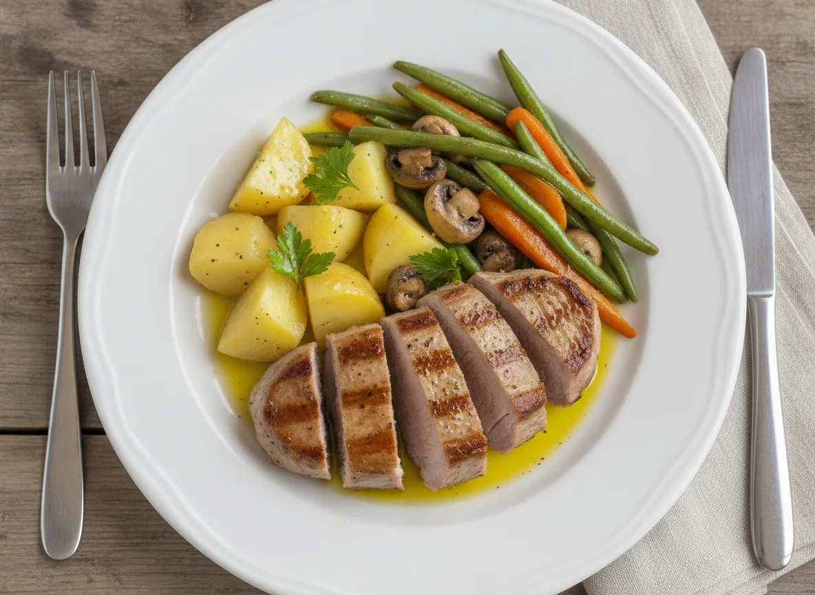 Filete de cerdo con verduras y patatas photo