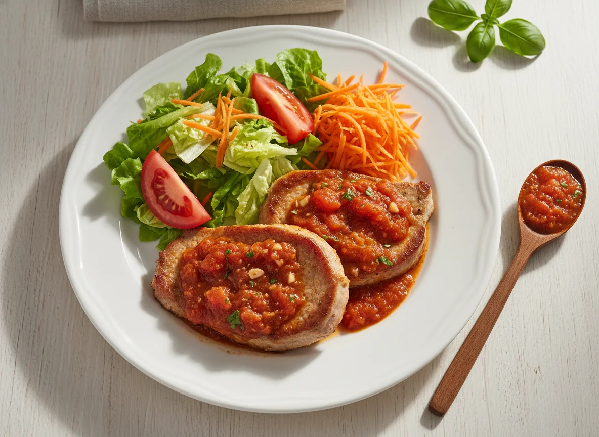 Filete de cerdo en salsa de tomate con ensalada photo