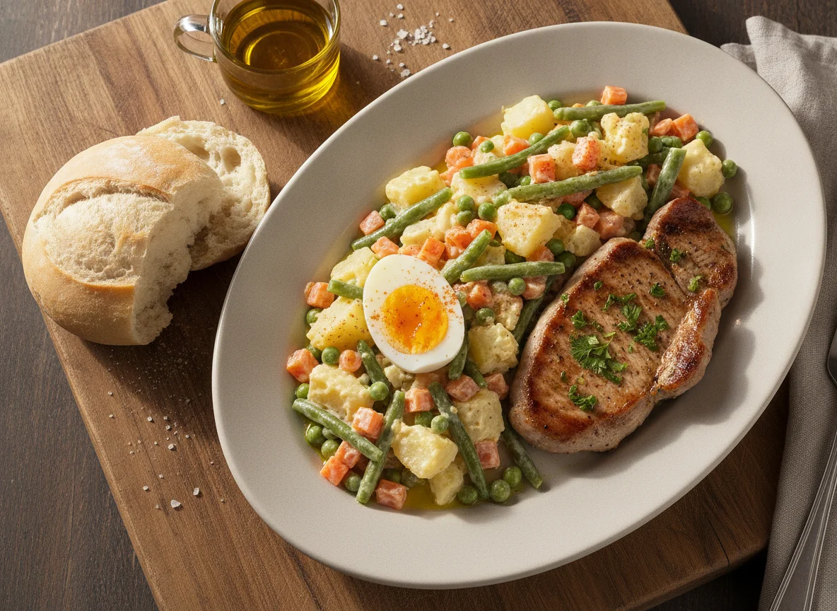 Filete de lomo con ensaladilla de verduras, huevo cocido y pan photo