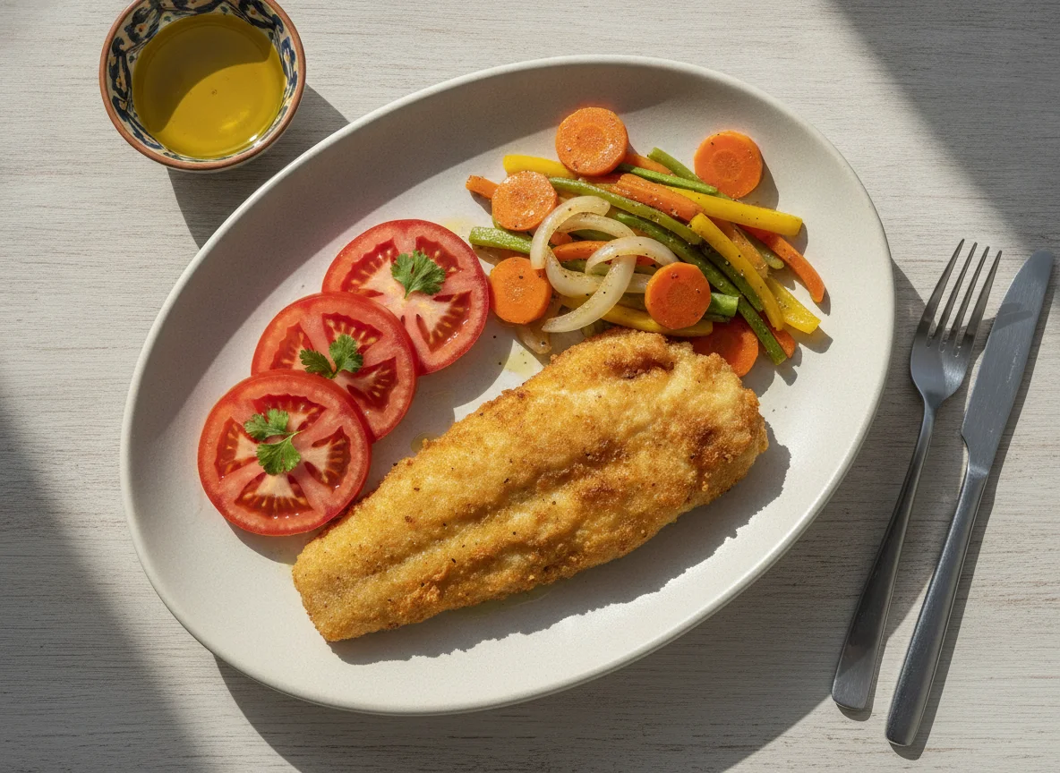 Filete de merluza a la romana con ensalada de tomate y vegetales salteados photo