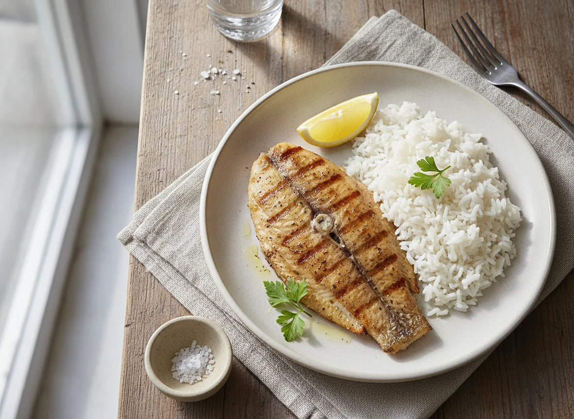 Filete de pescado a la plancha con arroz blanco photo