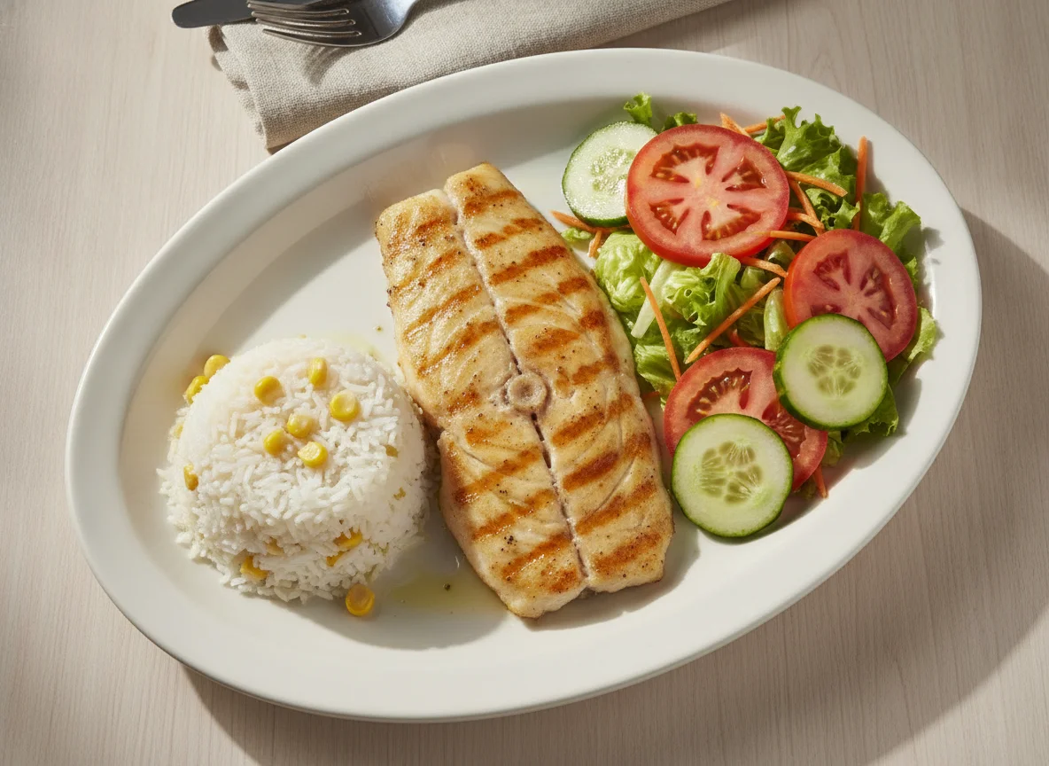 Filete de pescado a la plancha con arroz y ensalada photo