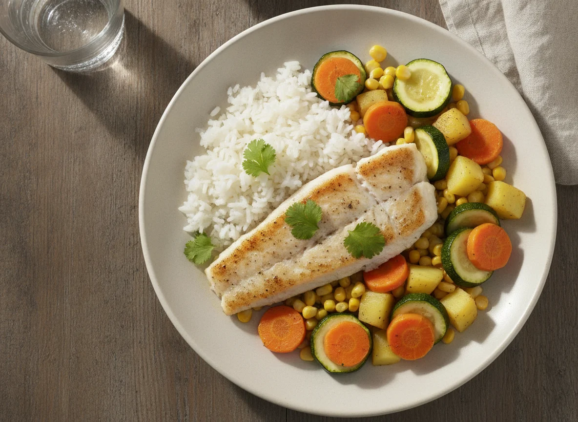 Filete de pescado a la plancha con arroz y verduras photo