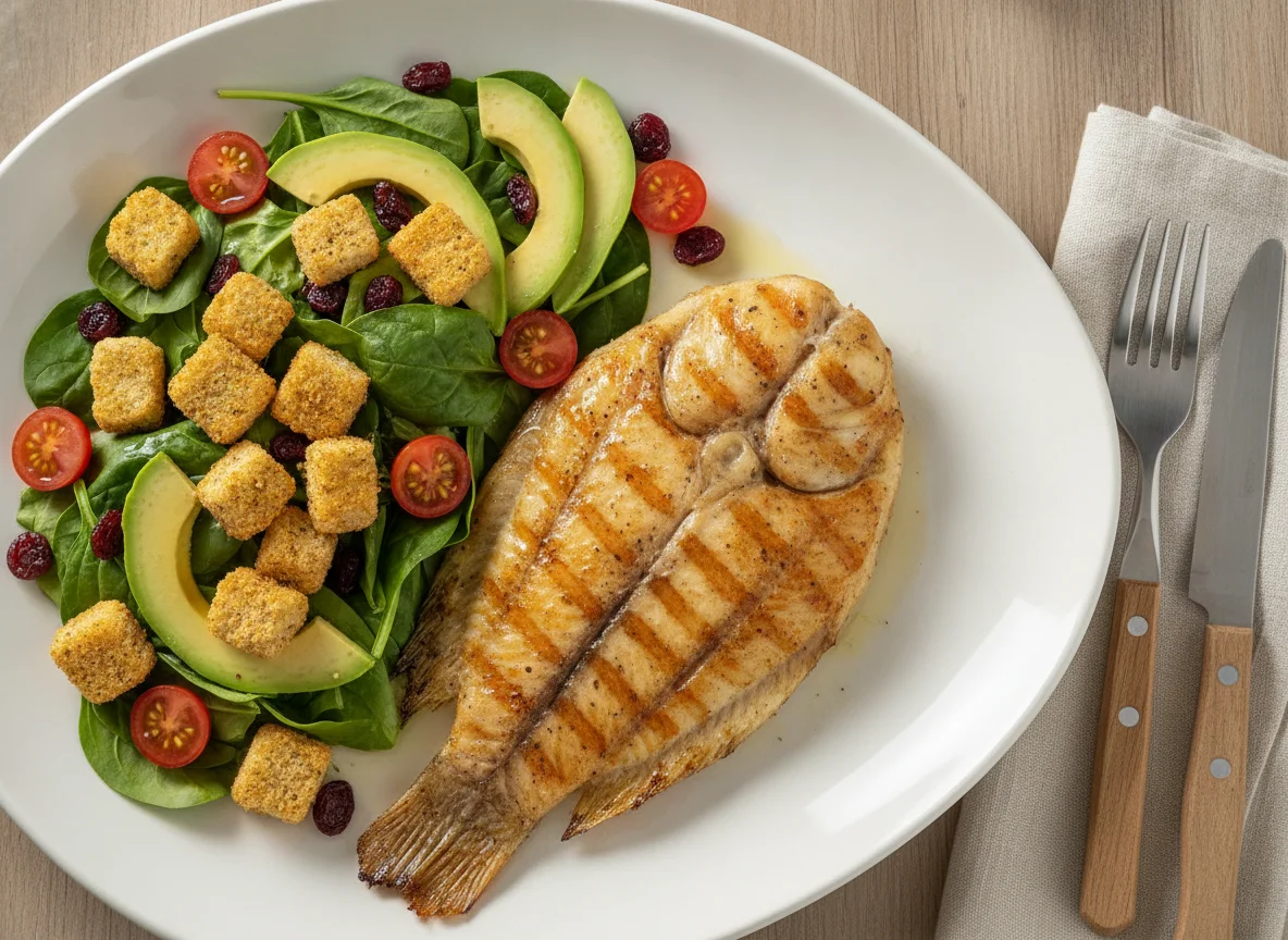 Filete de pescado a la plancha con ensalada de aguacate y crutones photo