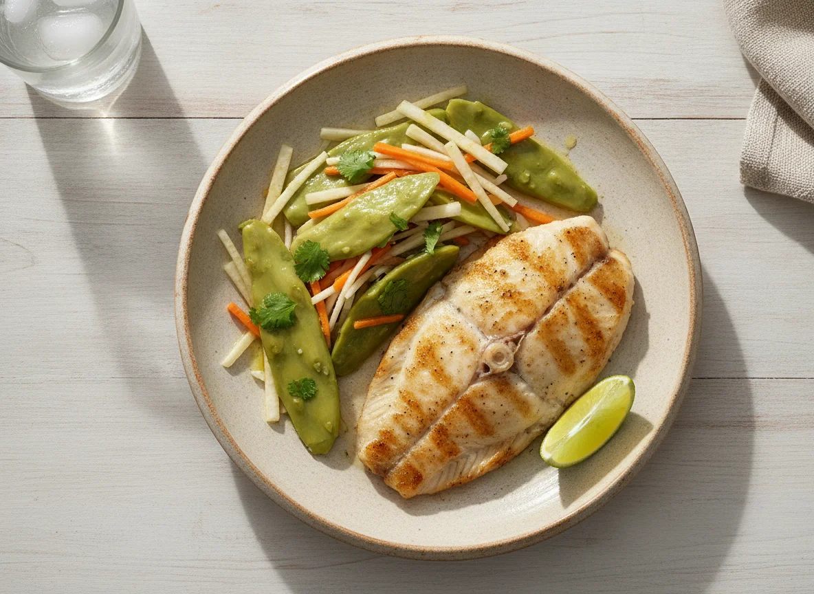 Filete de pescado a la plancha con ensalada de nopales y jícama photo