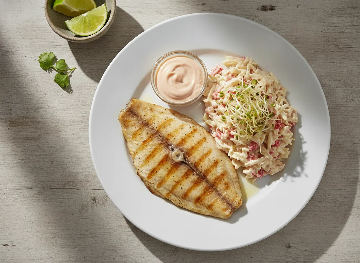 Filete de pescado a la plancha con ensalada de surimi y germinado photo
