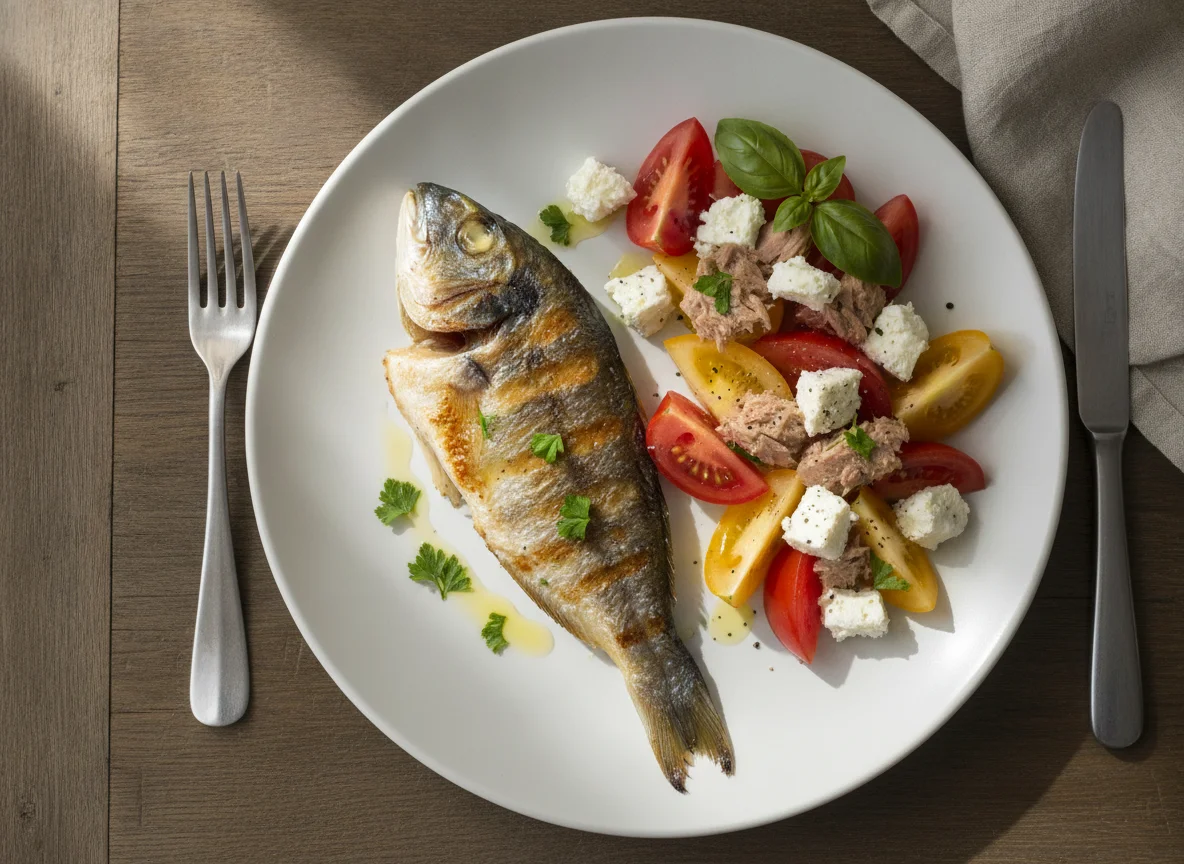 Filete de pescado a la plancha con ensalada de tomate, queso y atún photo