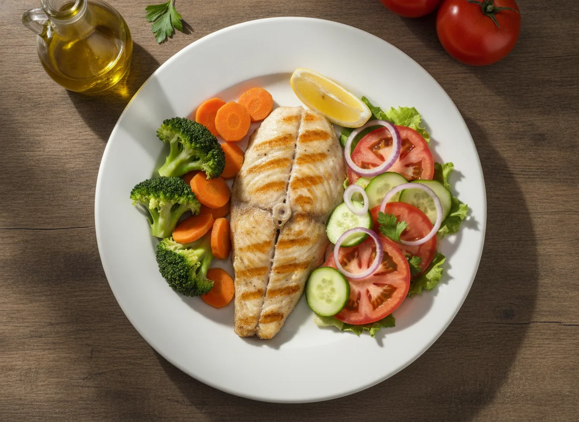 Filete de pescado a la plancha con vegetales y ensalada photo