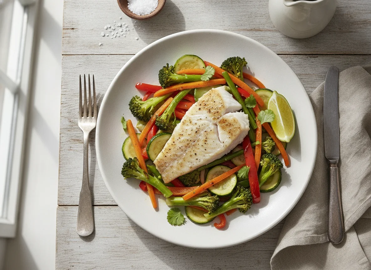 Filete de pescado a la plancha con verduras salteadas photo