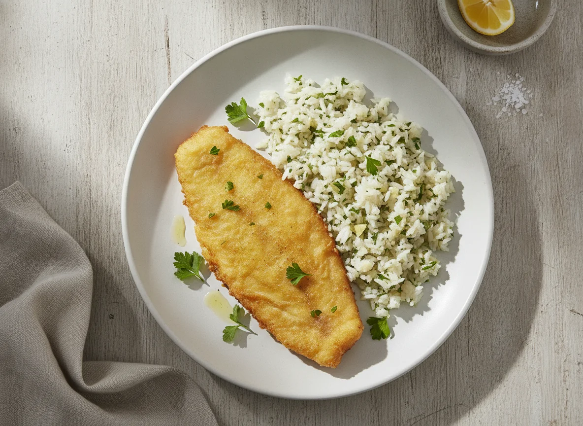Filete de pescado a la romana con arroz a la provenzal photo