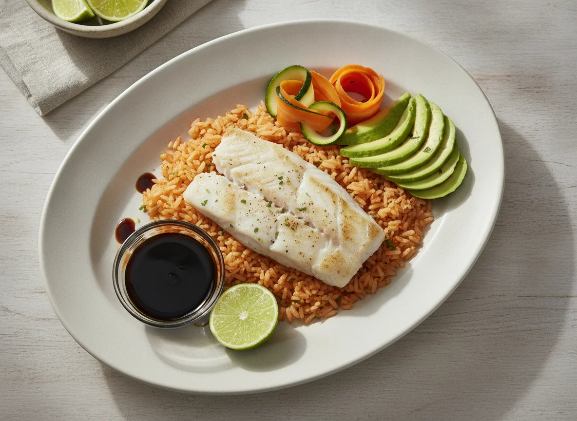 Filete de pescado al vapor con arroz y aguacate photo