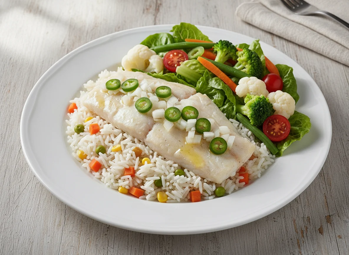 Filete de pescado al vapor con arroz y ensalada photo